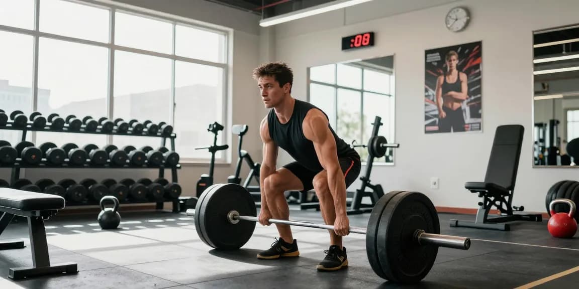 Selliza Shop: Athlet beim Krafttraining mit Gewichten in einem modernen Fitnessstudio, motivierende Atmosphäre.