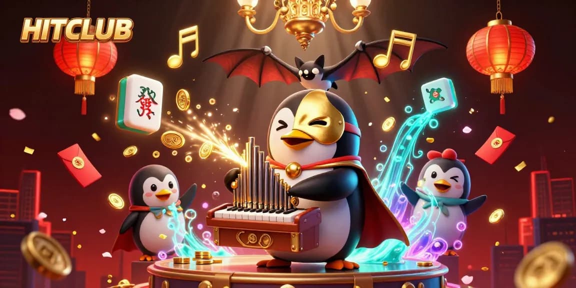 Experience the excitement of HITCLUB as the phantom penguin plays for gold coins amidst vibrant casino elements.