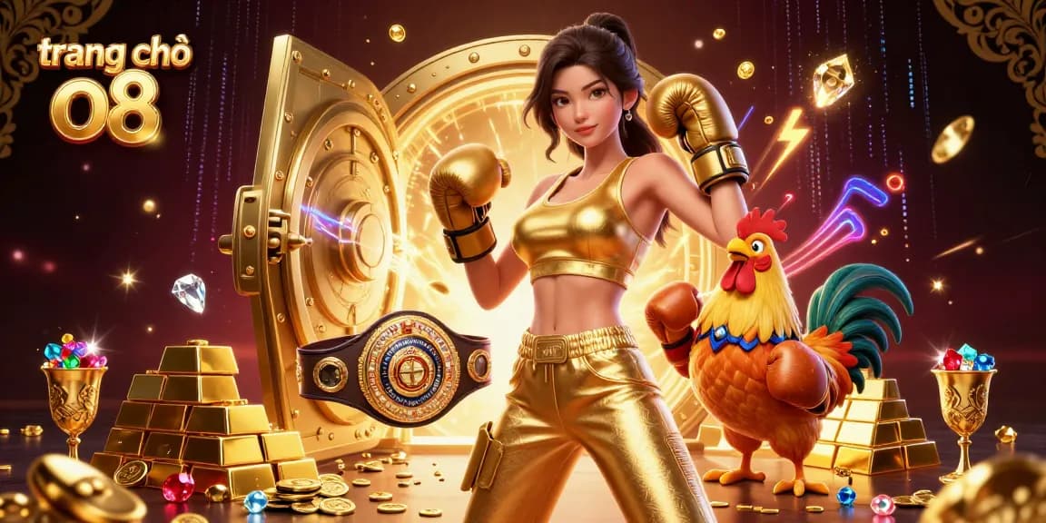 Engage with the vibrant scene showcasing trang chủ o8, featuring a powerful woman and a championship rooster amidst gold and gems.