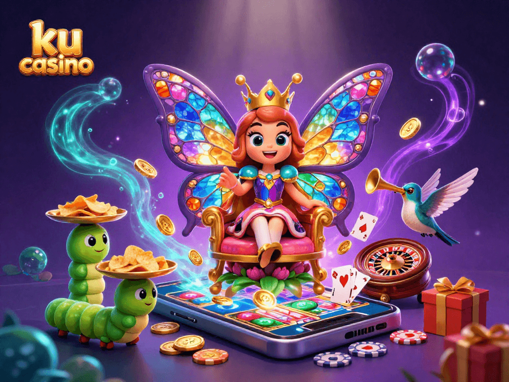 Engage with thrilling games at ku casino featuring a colorful butterfly queen and exciting slot elements.