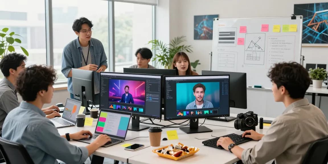Creative team collaborating on an AI video generator project in a modern tech office.
