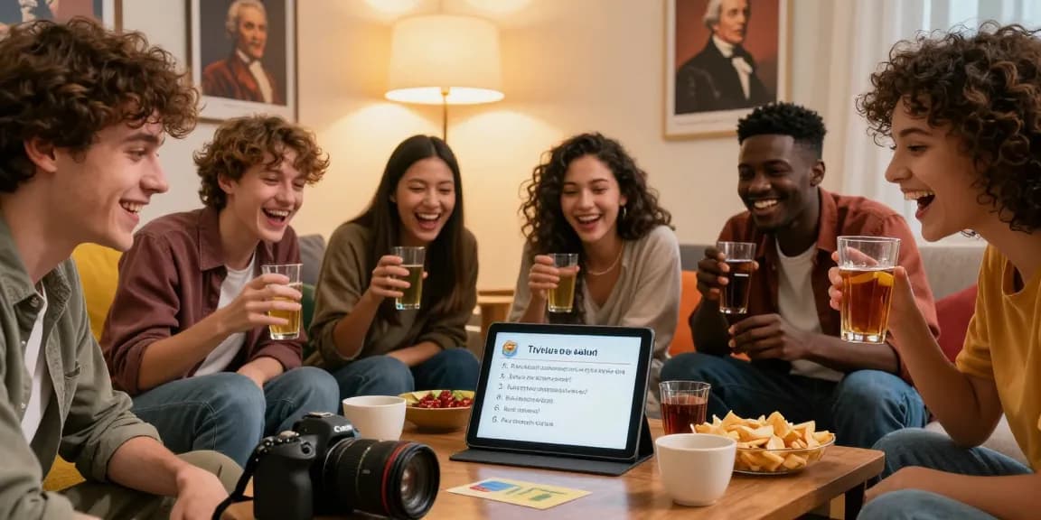 Freunde testen ihr Quiz Allgemeinwissen gemütlich in ihrem Wohnzimmer mit Snacks und Drinks.