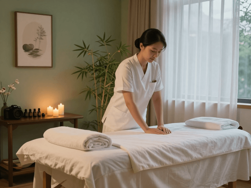 An inviting massage therapy room ready for 안양출장마사지, featuring soft lighting and serene decor for relaxation.