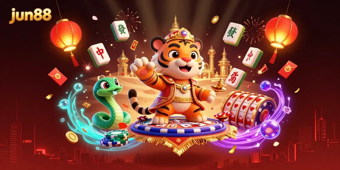 Experience the thrill of gaming with jun88, featuring a vibrant scene of casino characters and elements.