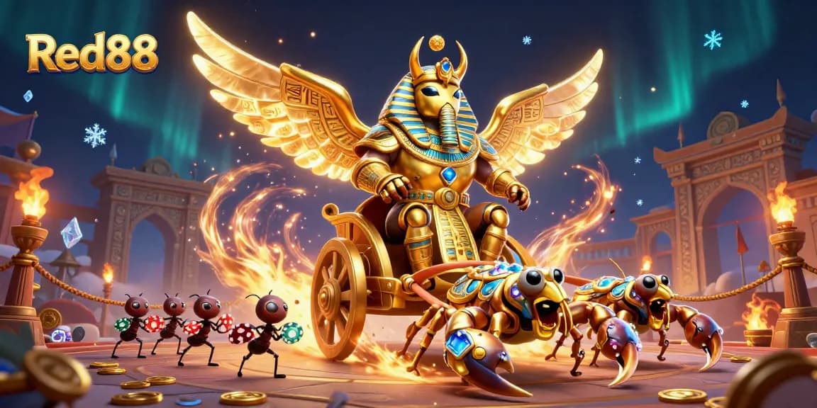 Experience thrilling gambling at Red88 with a dynamic scene of animated characters and casino elements.
