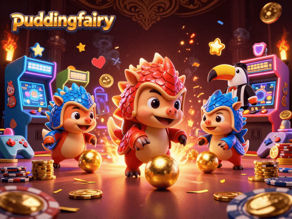 Engage in thrilling gameplay with puddingfairy in a vibrant 3D cartoon scene featuring pangolins rolling in golden chips.