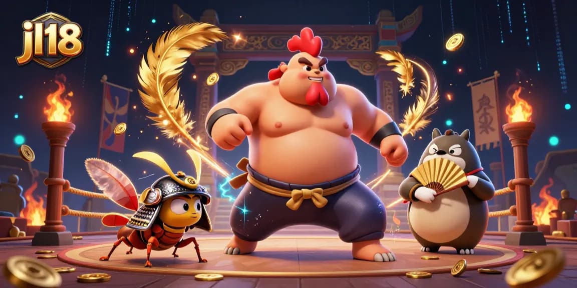 jl18 casino illustration showcasing a powerful sumo wrestler rooster battling a cricket, vibrant gambling elements