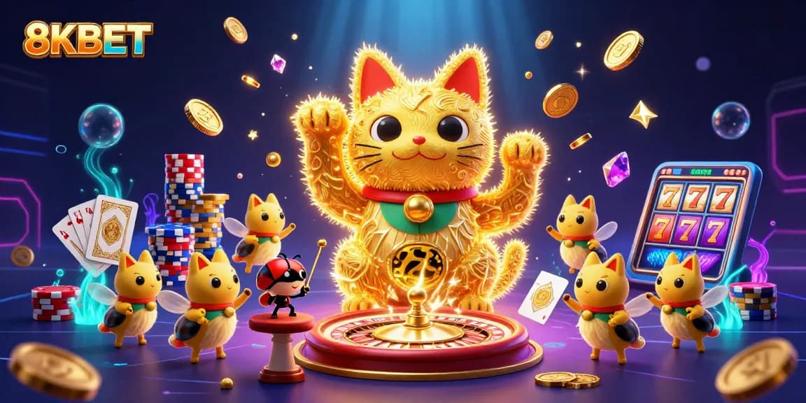Experience the excitement of 8KBET with a giant lucky cat and sparkling casino elements.