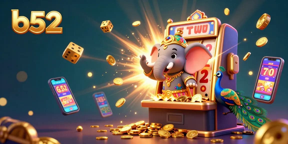 b52 casino scene with a jackpot explosion from a slot machine and a vibrant elephant character