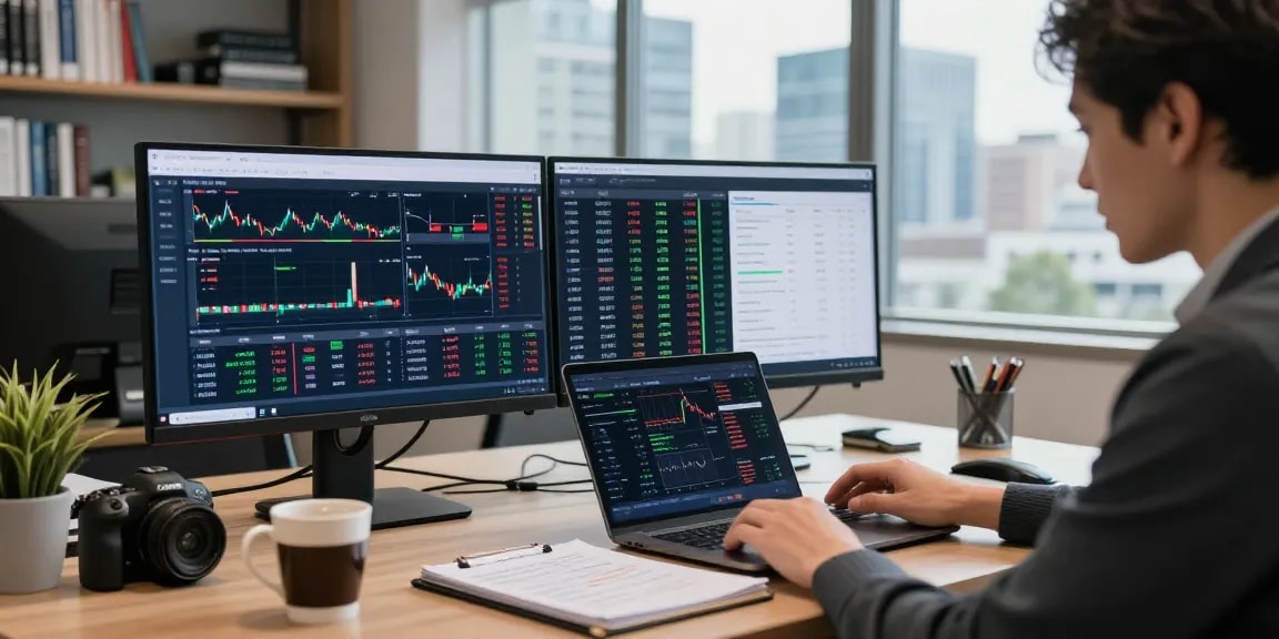 Detaillierte Analyse von Krypto-Investment-Tools in modernem Büro.