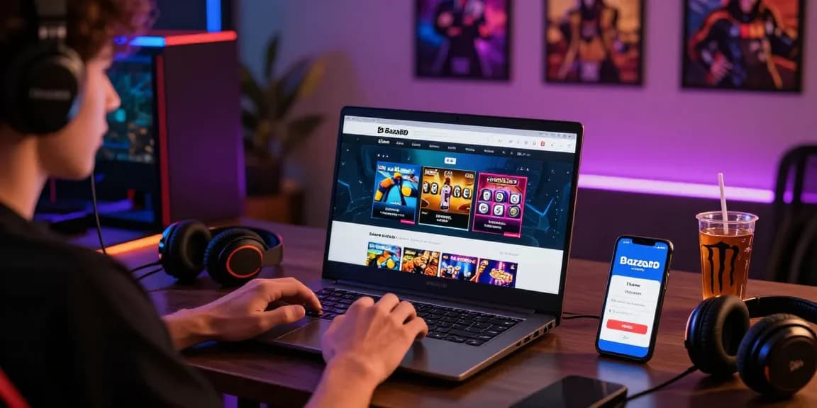 BazaBD player engaging in online gaming with vibrant setup, showcasing sports and casino features.