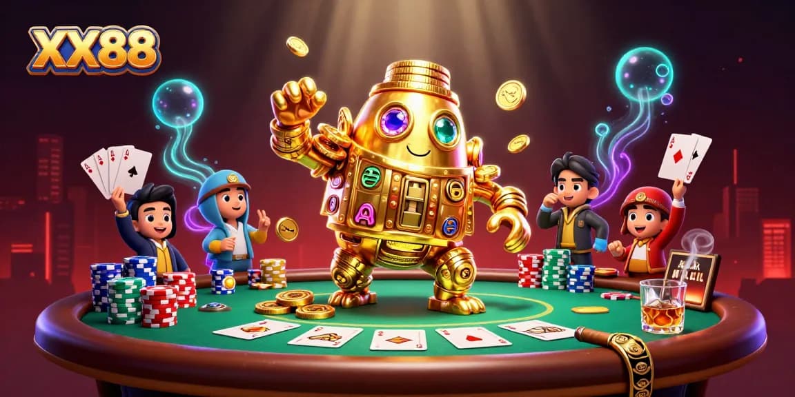 Experience the excitement of XX88 through a vibrant scene of a golden golem surrounded by poker elements, enhancing gameplay thrill.