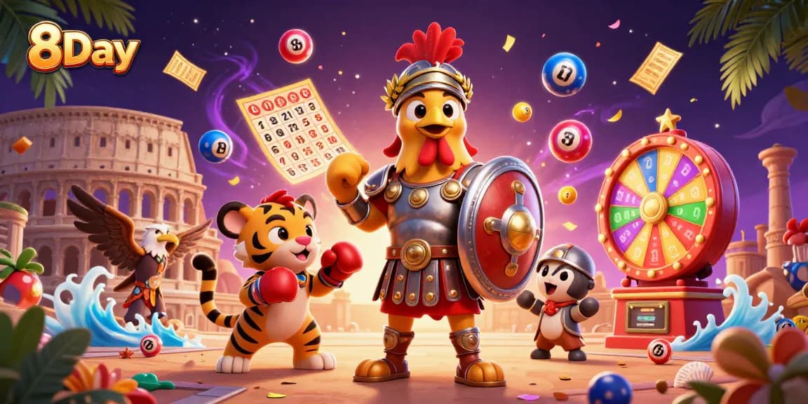 8Day showcases an action-packed arcade with a rooster gladiator, big wins, and vibrant casino elements.