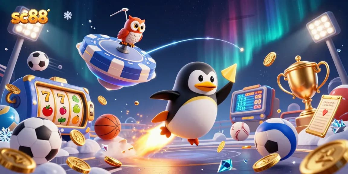 sc88 engages with a vibrant casino space scene featuring a golden penguin and dynamic sports elements.