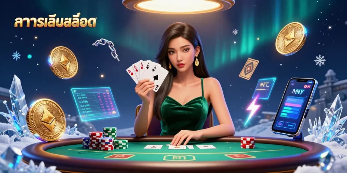 Experience the thrill of ทดลองเล่นสล็อต with a stunning poker scene featuring a focused player and glowing crypto elements.