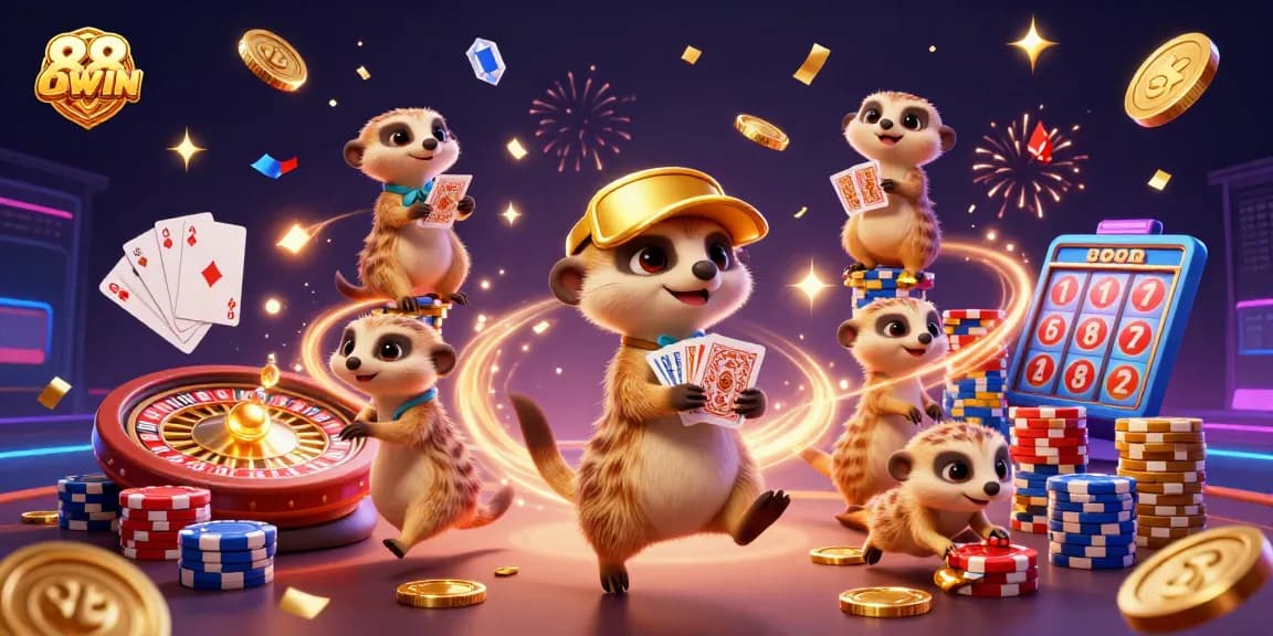 Experience the thrill of winning with 88WIN's animated meerkat casino scene filled with vibrant gaming elements.