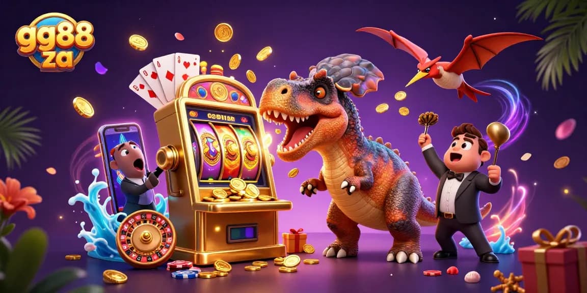Engaging scene of gg88 za with dinosaur characters at a casino, showcasing slot machines and coins.