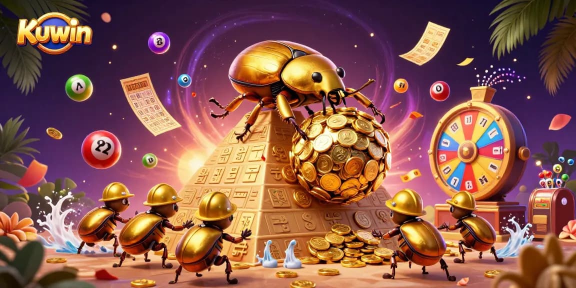 Kuwin features a golden beetle rolling coins with casino symbols in a vibrant lottery scene.