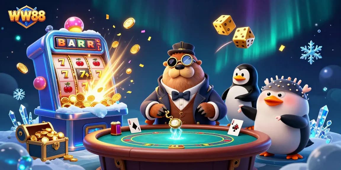 Experience the thrill of WW88 with a jolly walrus and friends at an underwater poker table in this vibrant casino illustration.