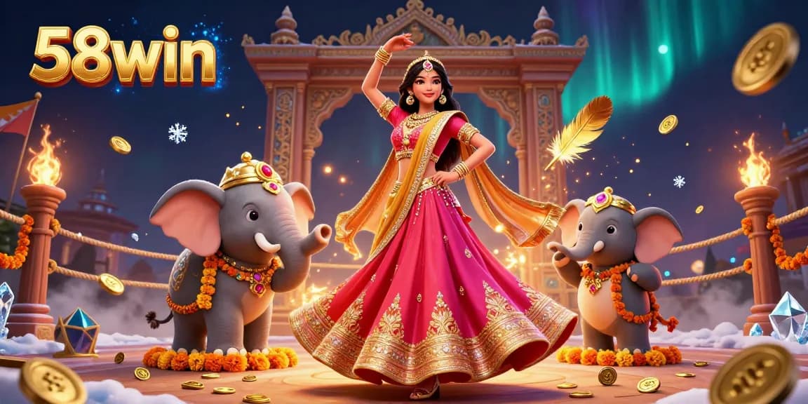 Experience 58win's vibrant casino scene with a beautiful Asian woman, gold coins, and a bejeweled elephant.