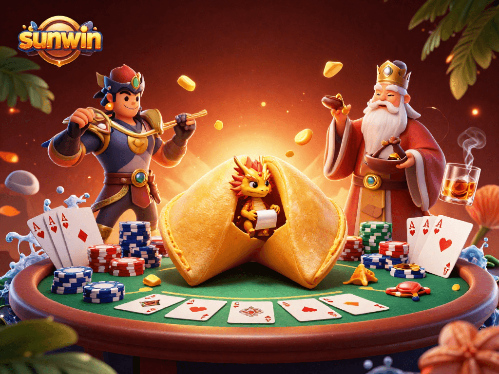 Experience sunwin magic as a wise dragon unveils fortunes in a colorful gambling scene.