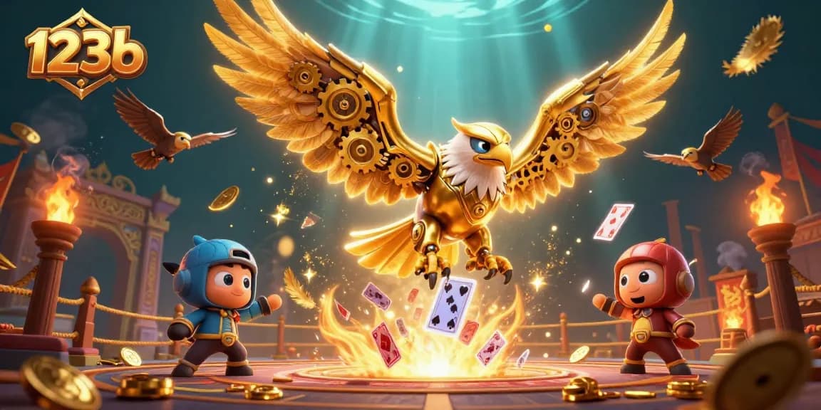 Engage with thrilling casino gaming at 123b with a dynamic eagle amidst holographic playing cards.
