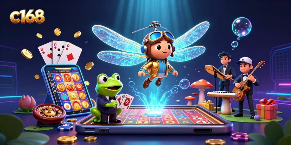 Engage in the vibrant casino action at c168, featuring a dragonfly pilot and frog croupier amidst slot games and jazz musicians.