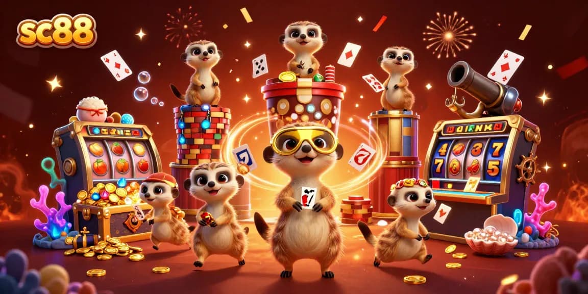 sc88 meerkats run a vibrant casino with slot reels and celebratory fireworks.