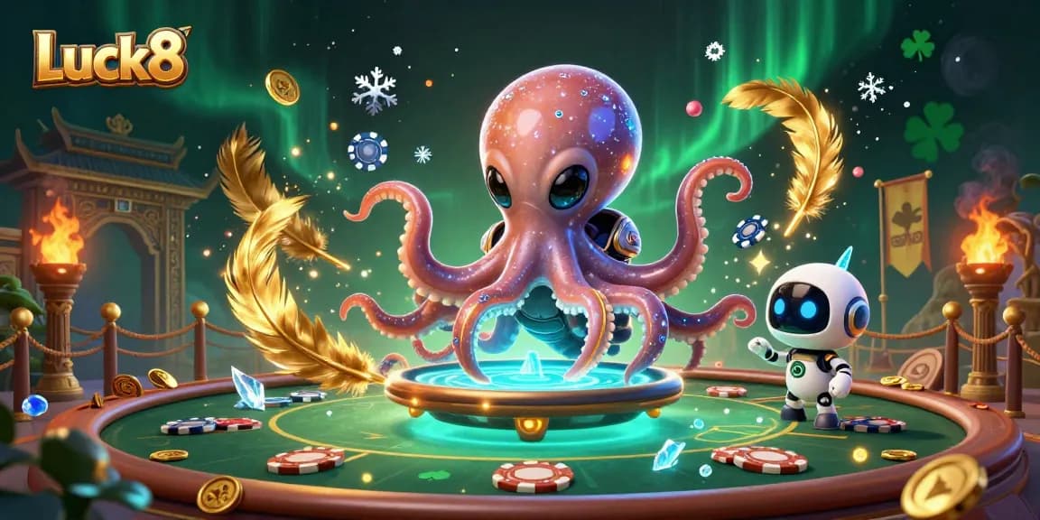 Luck8 presents an alien octopus operating a holographic poker table in a dynamic casino scene.