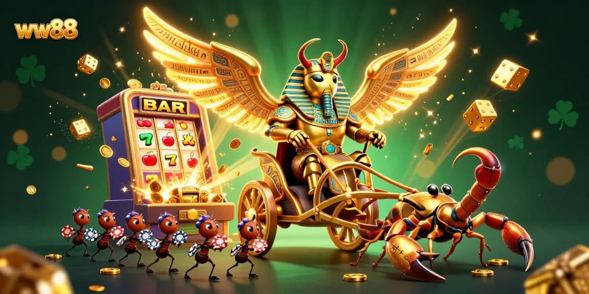 Engage in thrilling wins at ww88 with a vibrant casino scene featuring a golden scarab and slot machine action.