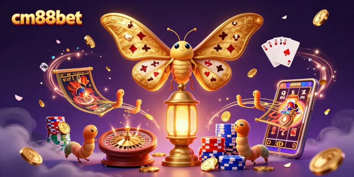 Experience the excitement of cm88bet with vibrant casino elements and a majestic atlas moth in a 3D illustration.