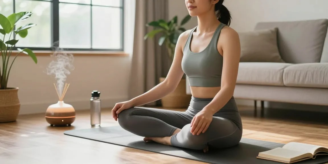 Ipamorelin Canada health enthusiast practicing mindfulness in a serene home environment with plants and natural light.