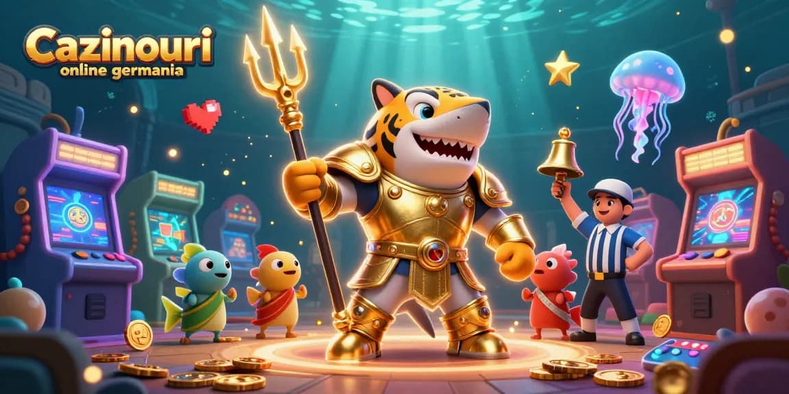 Cazinouri online germania showcases a 3D cartoon tiger shark in gladiator armor amidst a vibrant casino scene with game elements.