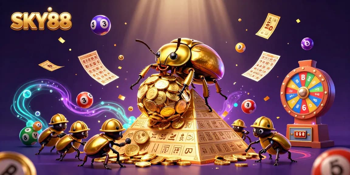 Spin to win with SKY88’s vibrant scene of golden beetles and casino symbols, embodying excitement!