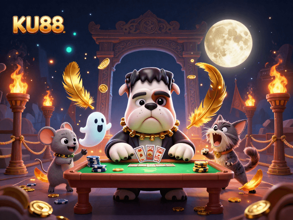 Enticing KU88 casino scene showcasing a monster dealer at a spooky table with chips.