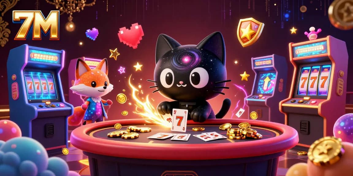 Engage with 7M casino excitement as the cosmic black hole cat draws in gold chips at a vibrant table.