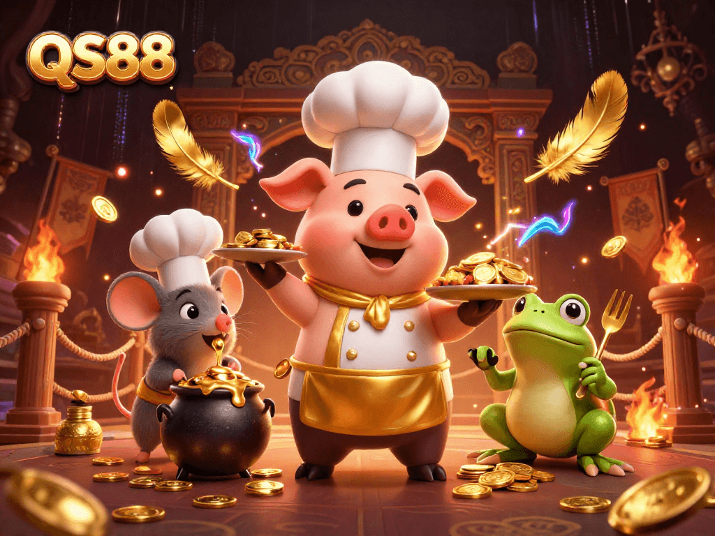 Experience the thrill of QS88 with a dynamic casino illustration featuring a gourmet pig chef and gold coins.