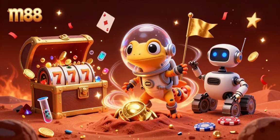 Experience m88's vibrant casino adventure as the Martian gecko discovers a golden treasure.