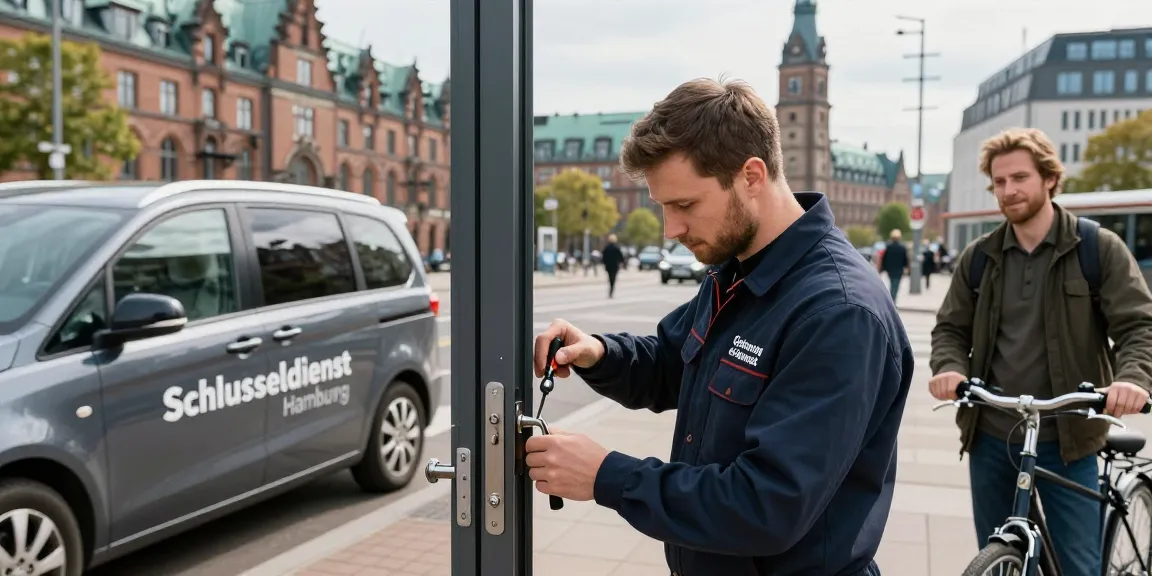 Professioneller Schlüsseldienst Hamburg öffnet Tür mit modernem Werkzeug für zufriedenen Kunden.