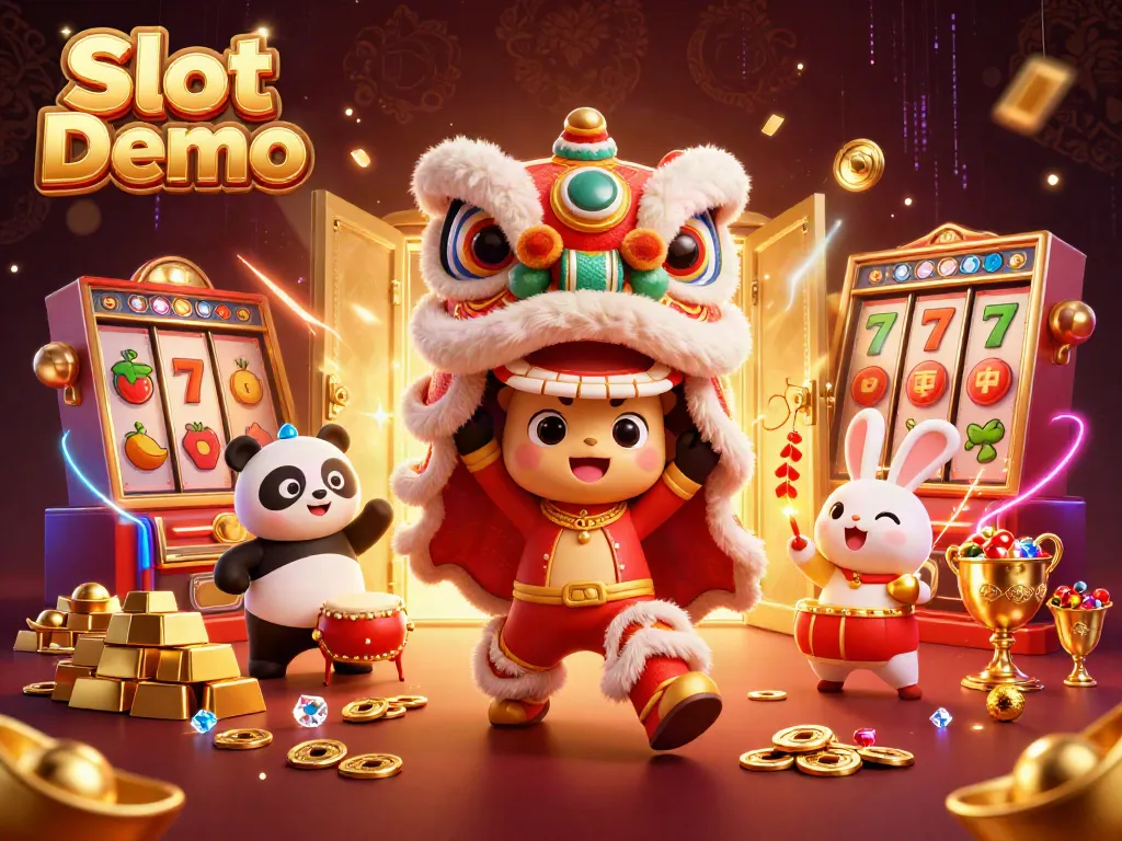 Experience Slot Demo with lively characters amidst a vibrant casino scene.