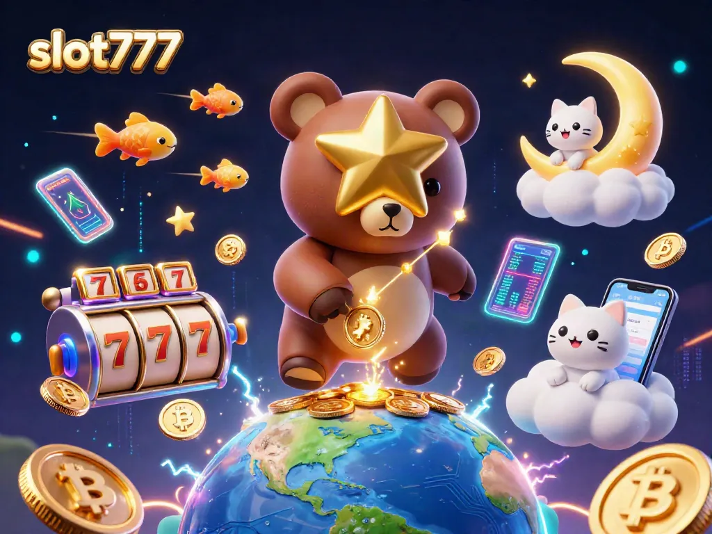 Mainkan slot777 dengan keberuntungan! Ilustrasi 3D ceria tentang bintang dan simbol jackpot menciptakan suasana kasino yang menyenangkan.