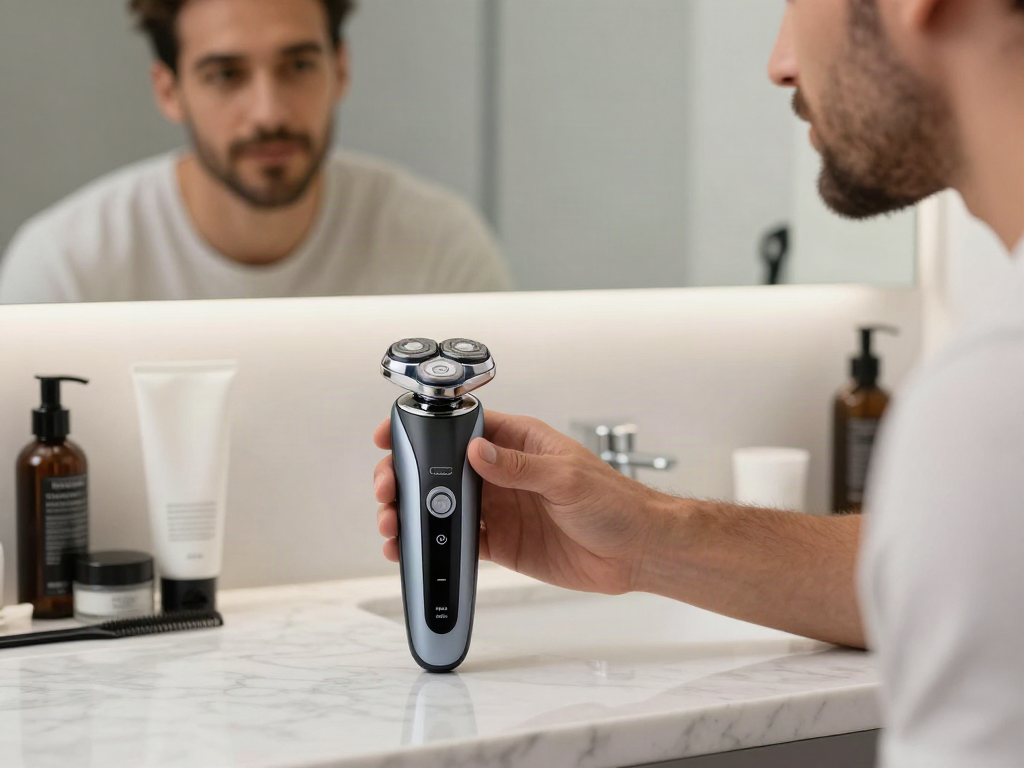 Elektrorasierer Herren auf einem eleganten Marmortisch, umgeben von Pflegeprodukten.