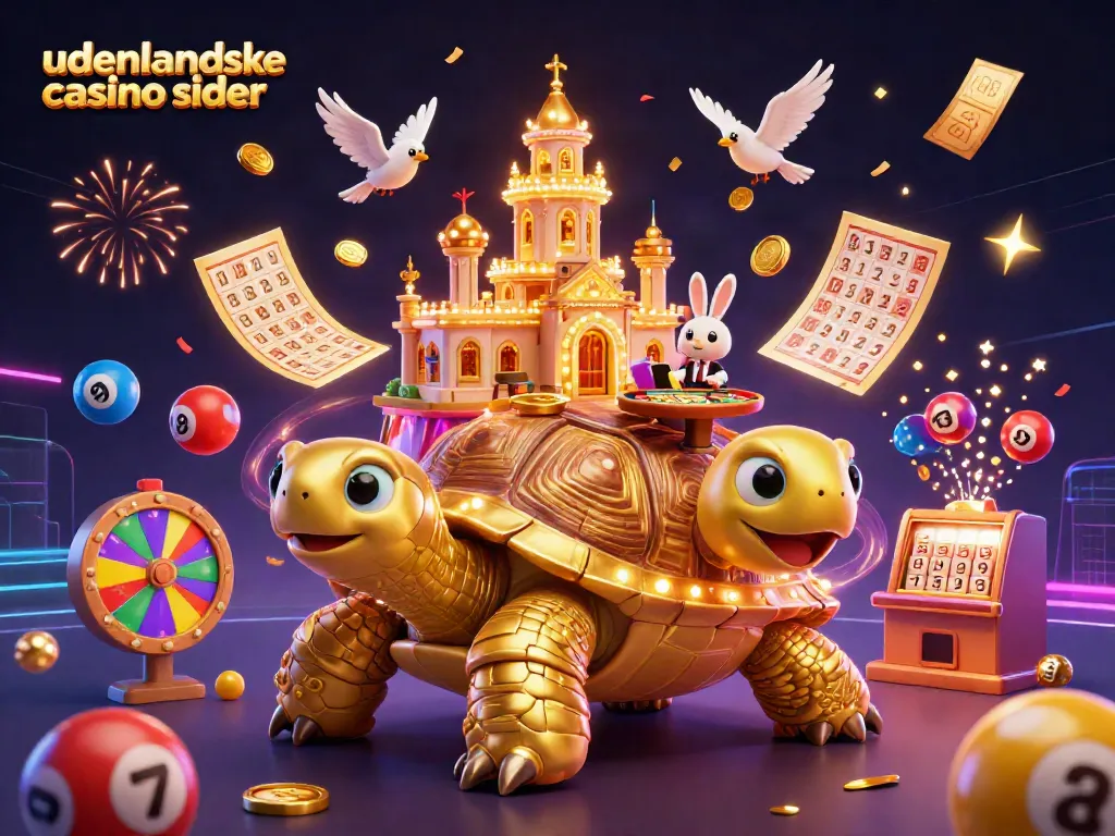 Engage with udenlandske casino sider through a vibrant scene featuring golden turtles, dealers, and playful lottery elements.