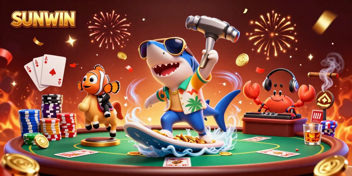 SUNWIN brings excitement with a shark surfing gold coins and casino action.