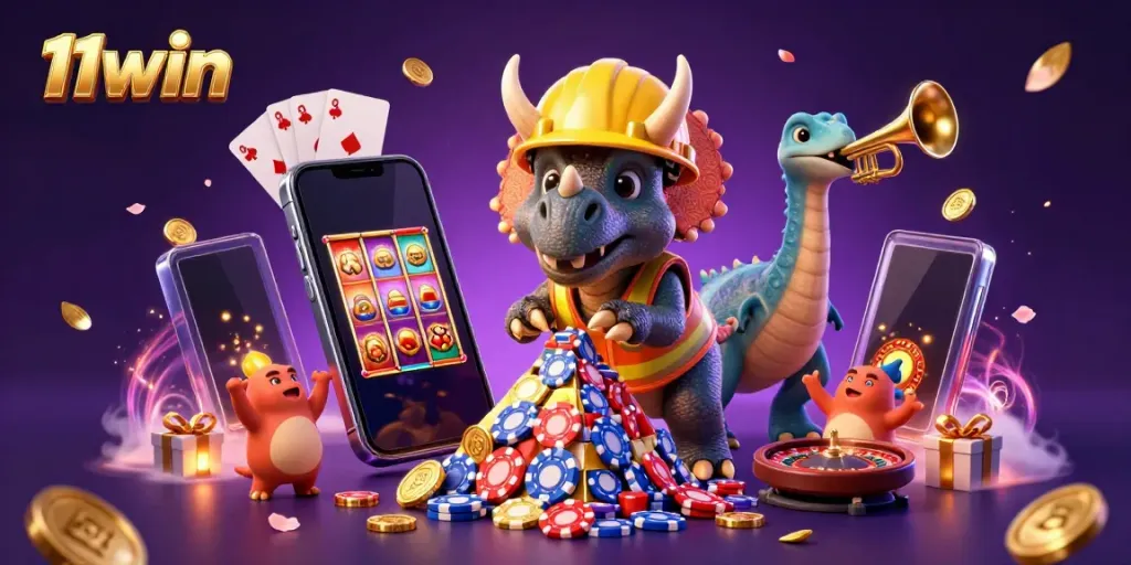 11win features a triceratops building a poker chip pyramid amidst a vibrant casino scene.