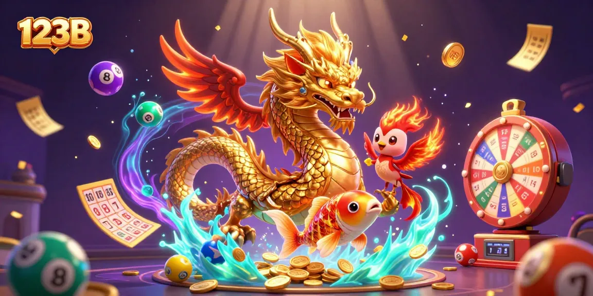 Engage in thrilling casino adventures at 123B with vibrant characters in a dynamic, colorful scene.