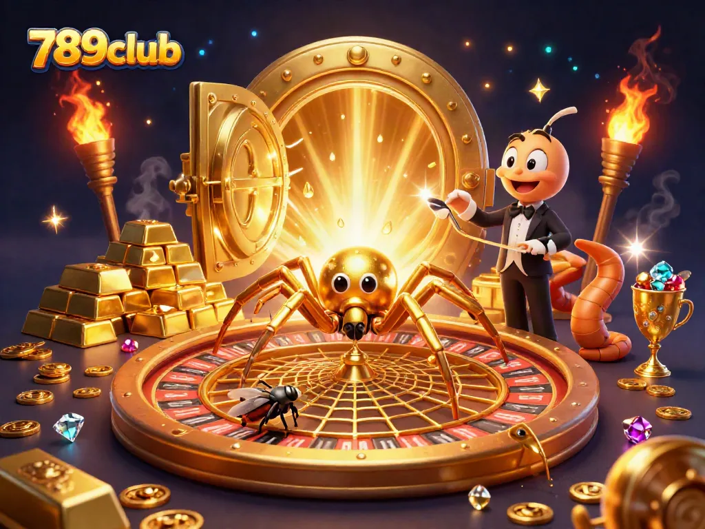 Experience thrilling bets at 789club with a dynamic scene showcasing a roulette web dominated by whimsical characters.