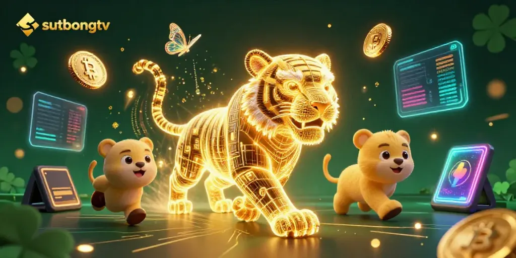 Experience the thrill of sutbongtv with a 3D neon-wireframe golden tiger and dynamic crypto elements.