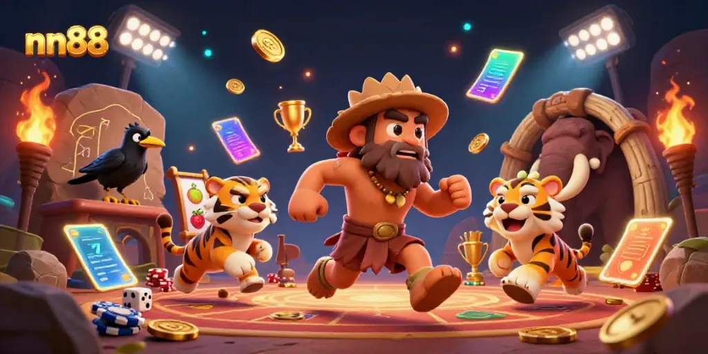 Experience thrilling casino action at nn88 with a vibrant caveman and saber-tooth tiger duo.
