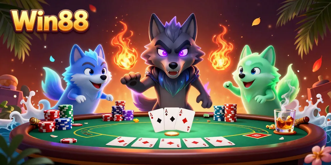 Win88 showcases a thrilling poker scene with a shadow wolf leader and ghostly companions.